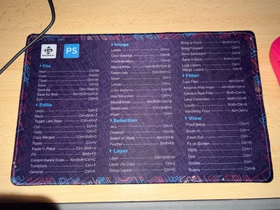 The image shows a purple mousepad with white text displaying Photoshop shortcuts. The mousepad has a colorful, geometric design around the edges. On the top left of the mousepad, there are two logos: a stylized 'G' logo with "GAOMON" written below it, and a blue square with "PS" in white. The text is organized into categories like "File," "Edit," "Image," "Layer," "Selection," "Filter," and "View," with corresponding keyboard shortcuts listed next to each action. The mousepad is placed on a light brown wooden surface, likely a desk. A black cable is visible extending from the top left corner of the image. There are no people or animals in the image. There are no discernible landmarks or features that would indicate the location is Verden (Aller), Germany.
