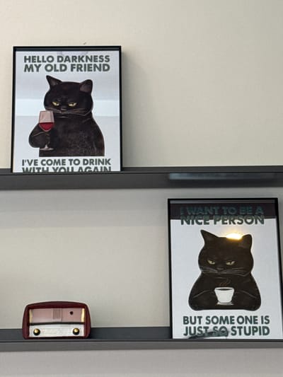 Two framed prints are displayed on a dark shelf against a light-colored wall. The top print features a black cat holding a glass of red wine with the text "HELLO DARKNESS MY OLD FRIEND" above it and "I'VE COME TO DRINK WITH YOU AGAIN" below. The bottom print shows a black cat holding a white mug with steam rising, and the text "I WANT TO BE A NICE PERSON BUT SOME ONE IS JUST SO STUPID". To the left of the bottom print, on the same shelf, is a small, retro-style radio in a reddish-brown and gold color scheme. The scene appears to be indoors, likely a home or a shop, and there is no indication of its specific location in Khan Mean Chey, Cambodia.