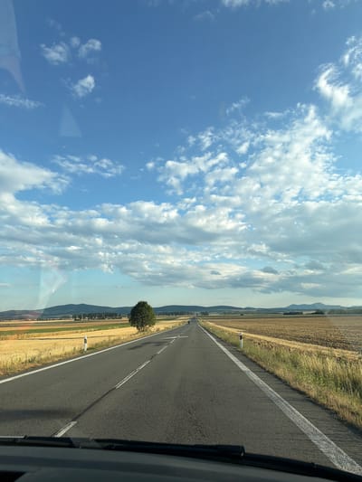 This is a horizontal, eye-level, medium shot capturing a road leading into the distance through a rural landscape in Zemplínske Hradište, Slovakia. The road is asphalt with white lane markings and reflective posts on the right side. On either side of the road are fields, one appearing to be harvested grain, and the other dry, brown grass. In the middle ground, a single, mature tree stands to the right of the road. The background features rolling hills and mountains under a bright blue sky filled with scattered, fluffy white clouds. The foreground shows the dashboard and windshield wipers of a vehicle, indicating the photo was taken from inside a car. The scene is bathed in natural daylight, suggesting it was taken during the daytime. There are no people or animals visible in the frame.