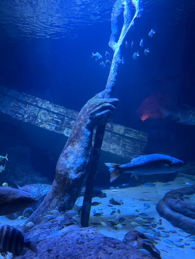 An underwater scene features a weathered statue of a hand grasping a trident. The trident and hand are covered in aquatic growth, suggesting they are submerged for a long time. Various fish swim around the statue and trident. The statue appears to be part of a larger structure resembling ancient ruins in the background. The water is deep blue, creating a sense of depth and mystery.