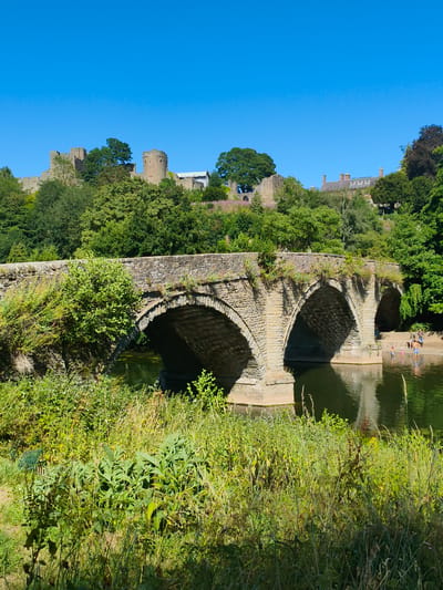 This image captures a sunlit, wide-angle view of Ludlow Bridge in Ludlow, United Kingdom, an ancient stone bridge with multiple arches spanning a tranquil body of water. The bridge, constructed from weathered grey stones, features moss and vegetation growing from its crevices, indicating its age and integration with nature. Lush green foliage borders the water and ascends the embankment behind the bridge, creating a vibrant, natural setting.
In the distance, atop a hill shrouded in trees, are the remnants of Ludlow Castle, characterized by stone walls and a prominent circular tower. Further to the right, a red-roofed building with multiple chimneys suggests a residential area adjacent to the castle grounds.
On the right bank of the river, near the bridge's arches, a small group of people are visible. A few individuals, including children, are wading or standing in the shallow water. One person appears to be sitting on the riverbank. The river itself reflects the bright blue sky and the surrounding greenery, creating a peaceful, idyllic scene. The foreground is dominated by tall, green grasses and wild plants, adding to the naturalistic feel of the composition. The image is well-lit, with the sun casting distinct shadows from the bridge's arches onto the water, further enhancing the depth and texture of the scene.