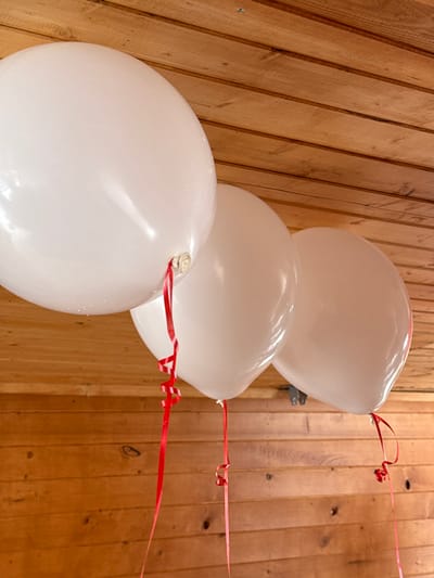 An indoor scene within the city of Yeghipatrush, Armenia, features three white, inflated balloons against a wooden background. The balloons are opaque white, appear to be spherical or ovoid, and exhibit minor water droplets on their upper surfaces. Each balloon is tied with a thin, curly red ribbon that extends downwards. The background consists of horizontally aligned wooden planks, displaying natural wood grain and knots, in varying shades of light to medium brown. The wooden surface appears consistent, likely forming a ceiling or upper section of a wall. No individuals are present, and no actions or interactions are depicted. The lighting suggests an interior setting.