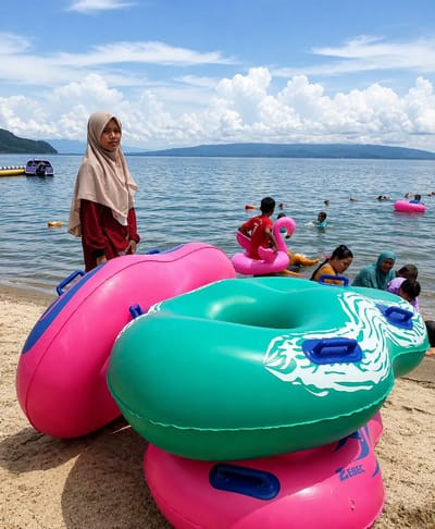 At the edge of the water in Lumban Bul Bul, Indonesia, a young woman wearing a beige hijab and a maroon shirt stands on the sandy shore, looking towards the camera. In the foreground, several large inflatable tubes are piled on the beach. The largest is a bright pink tube on the left, followed by a teal and white patterned tube in the center, and another pink tube at the bottom with "ZEBEC" printed on it. In the background, the calm blue water of the lake stretches out, with a distant hazy shoreline visible under a bright sky filled with white, puffy clouds. Several people are in the water, some with inflatable rings, including a child in a red shirt on a pink flamingo float and another child wearing a blue swimming cap. The scene depicts a recreational day at a lakeside location.