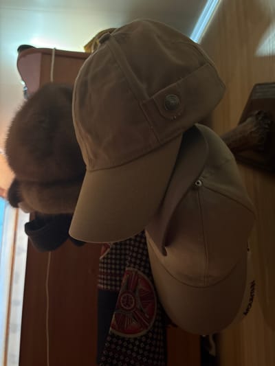 Three baseball caps are hanging on a hook. The top cap is beige and has a metal button on the front. The middle cap is also beige and is partially obscured by the top cap. The bottom cap is a lighter beige color and has the word "MOUNTAIN" written on the brim in blue letters. To the left of the caps, a brown fur hat is visible. The caps and hat are hanging on a hook attached to a wooden surface, possibly a closet door or wall. The background shows a wooden door and a window with white blinds. The scene appears to be indoors, in what could be a closet or dressing area.