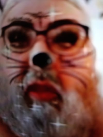 The image is a close-up, out-of-focus portrait of a person wearing eyeglasses and what appears to be face paint resembling cat whiskers and a nose. The person's lips are painted red. The background is blurred and indistinct, with a general reddish-orange hue. There is no discernible information about the location in Krasivka, Ukraine.