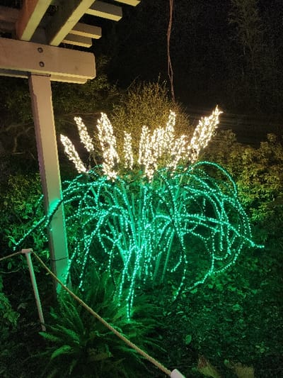 A shrub-like structure adorned with green and white lights stands beside a wooden fence at night. The right half of the structure has green lights, while the left has white, giving a two-toned effect. Lush green foliage surrounds the structure. A white support beam is visible, extending from the fence towards the foliage.