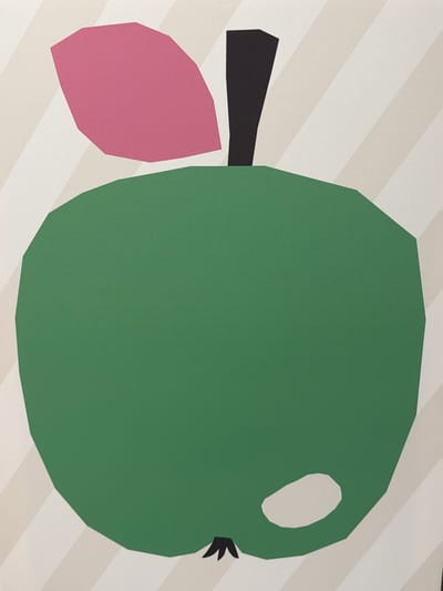 The image depicts a close-up, abstract illustration of a green apple with a pink leaf and a dark stem. The background consists of diagonal stripes in alternating cream and light gray colors. The apple has a small, white highlight on its surface. The illustration is graphic and simplified, with sharp edges and solid blocks of color. There is no indication of a specific location in the city of Son en Breugel, Netherlands, or any people or actions.