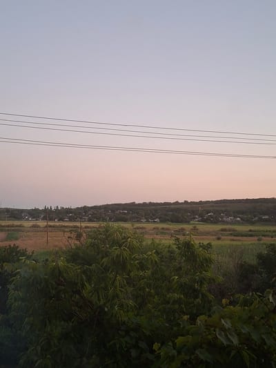 The image depicts a rural landscape at dusk, likely in Veselynove, Ukraine, characterized by a soft, gradient sky transitioning from pale blue to a warm, peachy hue. Power lines stretch horizontally across the upper portion of the frame, dividing the sky from the scene below. A village is nestled in the mid-ground, with a cluster of houses and buildings visible amidst lush green trees and rolling hills. Agricultural fields, some appearing fallow and others with dry vegetation, occupy the foreground and mid-ground, interspersed with more trees and shrubs. The overall impression is one of tranquility and natural beauty, with the fading light casting a serene atmosphere over the rural setting.
