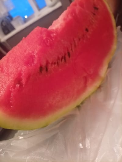 A close-up shot shows a slice of watermelon resting on a white plastic bag. The watermelon is bright red and appears juicy, with a thin yellow rind visible at the bottom. Dark seeds are scattered throughout the flesh of the watermelon. The background is out of focus but shows a window with blue light and some indistinct objects. The lighting is dim, suggesting it might be nighttime or indoors. The scene is simple and focuses on the fruit. There is no visible text. The location is Shagonar, Russia.