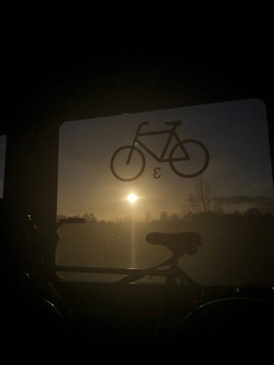 The image depicts a rural or semi-rural landscape at either sunrise or sunset, viewed from an interior perspective in Eckwersheim, France. A low, brilliant sun dominates the central horizon, casting a strong glare and illuminating a hazy atmosphere. Through this haze, silhouetted trees with bare branches are visible in the middle ground. In the upper portion of the frame, a rectangular panel or window features a black silhouette graphic of a bicycle, which includes a small green dot near the front wheel hub, and a number '3' or letter 'E' positioned below the bike frame. The foreground, rendered in deep silhouette, shows partial views of two bicycles; handlebars are discernible on the left, and a saddle on the right. These elements suggest the vantage point is from inside a vehicle or facility designed to transport or house bicycles.