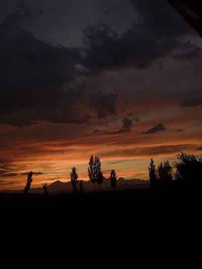This is a landscape photograph taken at dusk in Taran-Bazar, Kyrgyzstan. The scene is dominated by a dramatic sunset with vibrant orange and red hues streaking across the sky, transitioning into darker shades of purple and gray towards the top of the frame. Silhouetted against the colorful sky are a line of tall, slender trees and the faint outline of mountains in the distance. The foreground is a dark, silhouetted expanse, likely representing the ground and possibly more vegetation or terrain, completely obscured by shadow. The overall mood is serene and awe-inspiring, characteristic of a beautiful sunset. The time of day is clearly evening, as indicated by the sunset colors and the low light conditions. The weather appears to be clear enough for a sunset, with clouds present that are catching the light. No people or specific objects are clearly discernible due to the silhouette effect. There is no visible text in the image.