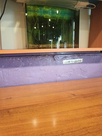 The image shows a close-up of a wooden surface in the foreground, with a textured purple wall behind it. A rectangular sign is affixed to the purple wall. Above the purple wall, there is a shelf with a portion of an aquarium visible. The aquarium contains water, aquatic plants, gravel at the bottom, and what appear to be lights and possibly decorative elements inside. The overall scene suggests an indoor setting, possibly a public space or a home.

The sign on the wall is white with black text. The text is in Cyrillic and reads: "ЗСНа отдыха". This translates to "Resting zone". The lighting in the image appears to be artificial, likely coming from above or from within the aquarium. The wooden surface in the foreground has a warm, polished finish. The purple wall appears to be painted and has a somewhat rough texture with some signs of wear. The aquarium is illuminated, creating reflections on its glass. The image has a shallow depth of field, with the wooden surface and the sign being the most in focus.

There are no people visible in the image. The activity suggested by the sign is "resting". The setting appears to be quiet and possibly intended for relaxation. The location cues are minimal, but the text on the sign provides information about the intended use of the area. The time of day is not discernible. The weather is irrelevant as it is an indoor scene. The overall emotion conveyed is neutral, functional, and perhaps inviting for rest.