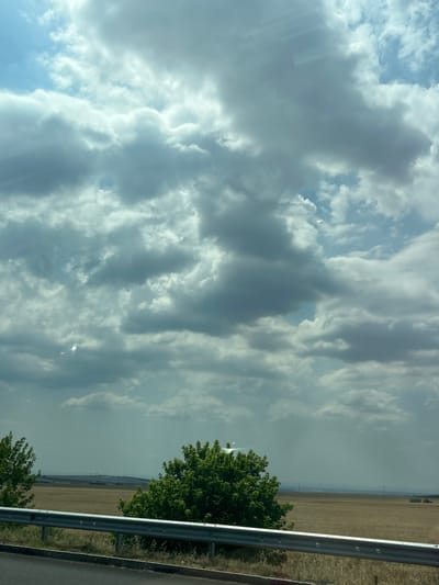 The image depicts a wide, open landscape under a cloudy sky. The foreground features a road or pathway with a silver metal guardrail running horizontally. Beyond the guardrail, a field of dry, golden grass stretches into the distance. Two trees with lush green foliage are visible, one on the left and a larger one in the center of the frame. In the far distance, a hazy horizon shows subtle signs of human activity, possibly including power lines or distant structures. The sky is filled with a mix of bright white and dark gray clouds, with patches of blue sky visible. The overall impression is one of a rural, possibly agricultural, setting.