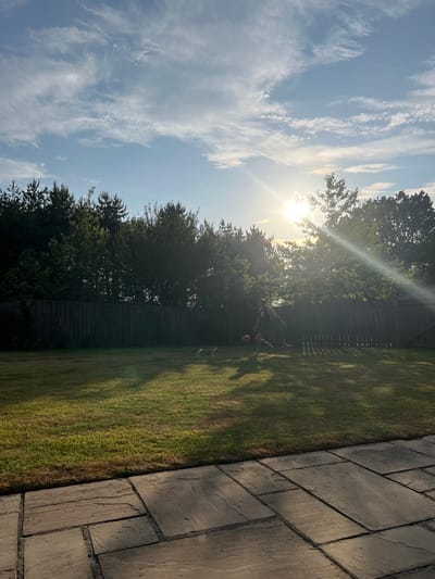 A backyard scene under bright sunlight features a man kicking a ball near a fence line where trees grow. A dog is near the man. A blue sky with sparse clouds overhead completes the landscape. The right side of the image reveals paving stones, suggesting a patio area. The grass appears green and well-maintained. The sun's intense glare casts shadows and highlights the scene's various elements.