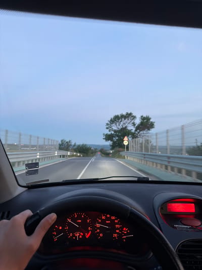 The image shows a first-person view from the driver's seat of a car traveling on a road, likely at dusk or early evening. The dashboard is visible with the steering wheel in the foreground, where a hand is holding it. The speedometer and other gauges are illuminated in red. The car is on a highway or a similar road with guardrails on either side and a sound barrier in the distance. There are trees and rolling hills visible beyond the road. A road sign is present on the right side of the road. The sky is a pale blue, indicating fading daylight.
The information provided states the location is the city of Ignatievo, Bulgaria. However, there are no specific visual cues within the image that definitively confirm this exact location.
