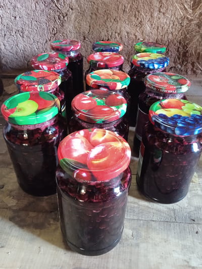 In an indoor setting with rough, textured walls and a wooden floor, a collection of twelve glass jars filled with a dark, viscous substance, presumably jam or preserves, is displayed. The jars are of varying sizes and shapes, all topped with decorative, brightly colored lids featuring fruit motifs like strawberries, cherries, apples, and grapes. Some lids also have text printed on them, such as "ORIGINAL." The preserves themselves appear to be a deep red or purple color, with visible fruit pieces. The lighting suggests it could be daytime, possibly in a rustic storage area or pantry. The overall impression is one of homemade food preservation, likely for personal consumption or sale. The location context of Теңги, Kyrgyzstan, further suggests a rural or traditional setting for this activity. No people are visible in the image.