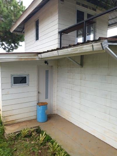 The image displays an exterior view of a two-story building section in Man Gyat, Myanmar, characterized by white horizontal siding that exhibits vertical streaks of discoloration and weathering.
On the ground level, a white door with a vertical frosted glass panel is centrally located. To the left of this door, a small, rectangular window with a white frame is installed. A spherical black wall-mounted light fixture is positioned directly above the door. Resting on the concrete pad in front of the door is a light blue metal drum with a rusty orange-brown lid. A brown-tiled roof section, equipped with a light-colored gutter system and supported by metal brackets, extends as an overhang above the ground floor, also showing signs of rust and discoloration.
The upper level of the structure features a tall, narrow white-framed window on the left side. To the right, a dark-colored metal railing or balcony is visible in front of another window, above which the text "ALL SELINI L TURE" is legible. The uppermost part of the building is topped by a dark-tiled roof with a corresponding light-colored gutter system.
The immediate environment includes a discolored concrete path leading to the door. To the left of this path, a garden bed contains small, variegated green and yellow plants arranged in rows, interspersed with other ground cover and exposed soil. A large, dark green-foliaged tree partially obscures the upper left portion of the frame, extending above the building's roofline. The sky above is overcast. No individuals are present, and no specific actions or interactions are depicted in the scene.
