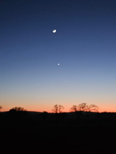 The image depicts a twilight sky transitioning from deep blue to light orange. A crescent moon is visible in the lower left, with another small, brighter object (possibly a star or planet) slightly above and to the right. Silhouetted trees form a dark line along the right edge of the image. The location is not discernible from the image.