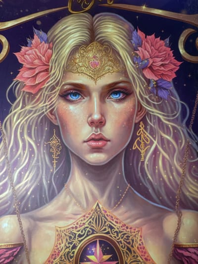 This image depicts a highly stylized, digitally rendered portrait of a female figure, observed in the city of Profesor Ishirkovo, Bulgaria. The subject is shown from the chest up, featuring long, flowing blonde hair parted centrally, adorned with large pink flowers and purple leaf-like accents on either side of her head. A golden, ornate tiara with a pink central gem is positioned on her forehead. Her face presents fair skin with subtle freckles, prominent blue eyes framed by dark eyeliner and long lashes, a straight nose, and full, slightly parted pink lips. She wears elaborate golden, abstract-patterned dangling earrings and a delicate golden chain necklace. On her chest, a significant, ornate golden emblem is displayed, featuring intricate scrollwork and a central circular motif containing a pink multi-pointed star against a dark, starry background. A dark purple/pink draped garment is visible around her shoulders. The background is a dark, cosmic expanse filled with numerous glowing golden specks, and partially visible golden decorative chains and elements, including components resembling the pans of a balance scale on the far left and right. The figure gazes directly forward, establishing direct eye contact.