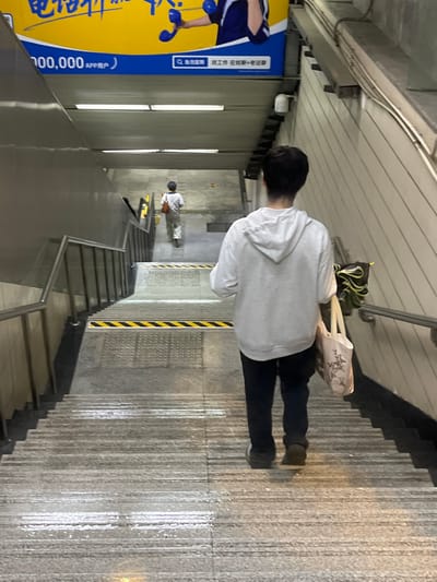 An interior view of a well-lit public stairwell in Yanqiao, China, likely within a metro or subway station. The scene is dominated by a concrete or stone staircase descending towards the bottom of the frame. In the foreground, a person is seen from behind, wearing a light grey hooded sweatshirt and dark trousers, descending the stairs. This individual carries a light-colored canvas tote bag with a dark floral design on their left side, and a dark green object, possibly a folded umbrella with a yellow interior, in their left hand. Further down the stairs, a second person, also viewed from behind, is descending. This individual wears a light-colored hat, a cream-colored short-sleeved top, and light-colored patterned trousers, carrying a dark shoulder bag.
The stairs feature non-slip tactile paving strips and prominent black and yellow striped warning tape on a landing approximately one-third of the way down. Metal handrails are present on both sides, with a solid metal barrier on the left and a double-bar railing on the right. The walls are predominantly light grey, with the right wall exhibiting vertical paneling. Overhead, the ceiling is flat and light-colored, fitted with rectangular fluorescent light fixtures. A large yellow and blue advertisement banner is affixed above the upper landing, displaying Chinese characters, including "000,000 APP," and an illustration of a person holding two blue telephone handsets.