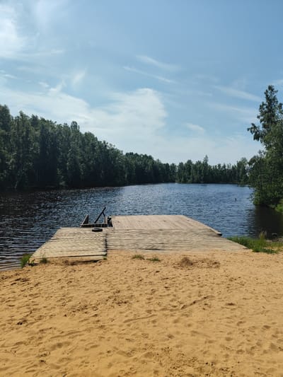 A wooden dock extends from a sandy beach into a dark, calm lake. The lake is surrounded by a dense forest of green trees under a blue sky with scattered white clouds. The scene depicts a serene natural landscape.