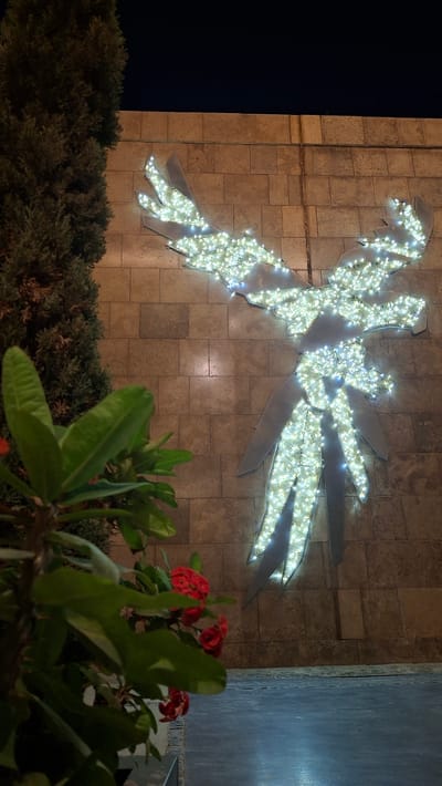 This media file depicts an illuminated eagle sculpture on a tiled wall at night, with foliage in the foreground. The sculpture, shaped like an eagle with outstretched wings, is outlined with bright white lights, creating a festive and eye-catching display. The wall behind it is made of large, square, light brown tiles. Above the sculpture, the dark green needles of a coniferous tree are visible, and to the left, a plant with green leaves and clusters of small red flowers hangs down. The overall scene suggests an outdoor nighttime setting, likely in a public space or garden, possibly decorated for a celebration or event. The lighting on the eagle is the primary light source, casting a glow on the surrounding wall and creating a contrast with the dark night sky. The image evokes a sense of wonder and visual interest due to the illuminated artwork.