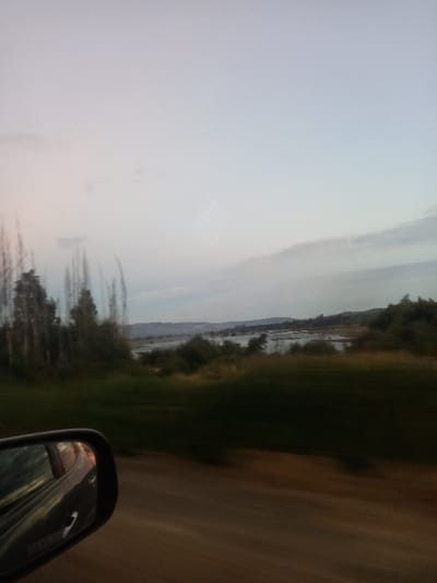 The image depicts a rural or semi-rural landscape, identified as being in Santa Juana, Chile, captured from a moving vehicle. The lower-left quadrant features a black vehicle side mirror, reflecting a portion of the vehicle's dark body. Below the mirror and across the immediate foreground is a blurred, reddish-brown dirt or gravel road, indicative of motion. Above the road, a horizontal band of dense green vegetation, including trees and bushes, exhibits significant motion blur. Beyond this vegetation, a body of water, consistent with a river or lake, is visible, featuring irregular shorelines and several indistinct landmasses or islands. In the background, a range of low hills or mountains is silhouetted against a vast sky. The sky displays a gradient of pale grey-blue, potentially with a faint pink hue in the upper regions, suggesting twilight conditions (dawn or dusk). No individuals or specific actions beyond vehicular travel are discernible.