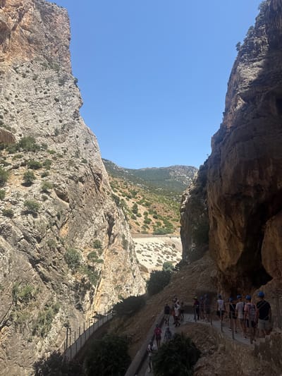 This media file captures a scenic view of a mountain gorge in Ardales, Spain. The image is dominated by towering, rugged rock formations with sparse vegetation clinging to their surfaces. The bright blue sky suggests a clear, sunny day, likely during daylight hours.

A notable feature is the narrow walkway or bridge constructed along the side of the gorge, suspended over a considerable drop. A group of people, wearing helmets, are seen walking along this pathway, suggesting they are participating in a guided tour or an adventure activity. The perspective of the image, looking down into the gorge and across the expanse of the canyon, conveys a sense of scale and grandeur. The texture of the rock faces is detailed, showcasing the geological history of the area. The presence of shadows indicates the sun's position, casting dramatic contrasts across the landscape. The overall impression is one of natural beauty and human endeavor in a dramatic natural setting.