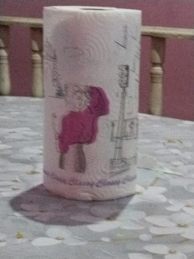 The media file shows a close-up of a roll of paper towels decorated with a sketch of a person wearing a pink sweater and a sketch of a tower. The paper towel roll is standing upright on a patterned tablecloth with floral designs. In the background, a wooden furniture piece with vertical slats and a pink wall are visible. The overall scene appears to be indoors, possibly in a home setting. The lighting suggests it could be daytime, but no specific time can be determined. No particular activity or event is depicted, it's a still image of an object. The focus is on the paper towel roll and its artistic design. There is some faint text visible on the bottom of the paper towel roll, but it is too blurry to read. The setting hints at a domestic environment in Chalysh, Uzbekistan.