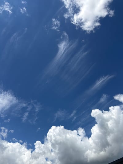 The image shows a view of a bright blue sky filled with scattered white clouds. Some of the clouds are wispy and feathery, streaking across the sky, while others are larger and more voluminous. The sun appears to be out, as the clouds are brightly lit and cast some shadows. The bottom portion of the image shows the tops of some dark structures, possibly rooftops, suggesting an outdoor perspective from a lower elevation looking upwards. The overall impression is a clear, partly cloudy day. This scene is located in the city of Skrzydlna, Poland.