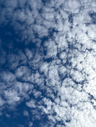 The image shows a bright blue sky filled with scattered, fluffy white clouds. The clouds are varied in size and shape, creating a textured pattern across the sky. The sunlight appears to be illuminating the clouds from the right side of the frame, casting some shadows and highlighting their volume. The overall impression is of a clear, possibly a late morning or early afternoon sky. There is no indication of the city of Helsingborg, Sweden, or any specific location within it. The image exclusively features the sky and clouds.