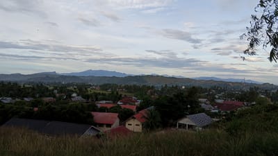 The photograph depicts a landscape view of Uruekanoe, Indonesia, under a partially cloudy sky. Mountains are visible in the distance. In the midground, there is a dense spread of trees interspersed with residential houses, distinguishable by their red and grey rooftops. A mosque is visible among the buildings. The foreground is dominated by tall grass, indicating a slightly elevated vantage point. A leafy branch is present at the right edge of the image.