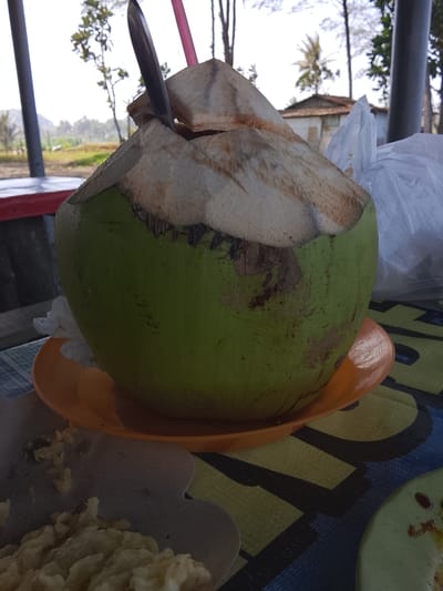 A close-up shot shows a freshly opened green coconut with a knife stuck in it, positioned on an orange plate. The coconut is placed on a table with a patterned tablecloth. In the background, trees and a building are visible, suggesting an outdoor setting. The image appears to be taken in Adipala, Indonesia, given the context.