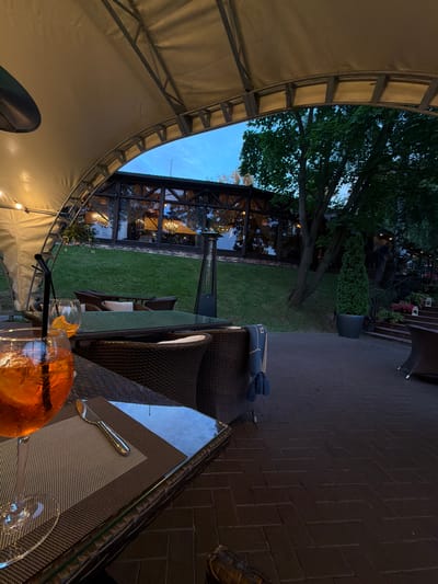 The image depicts an outdoor seating area of a restaurant or cafe, possibly in Izmailovo, Russia, given the context provided. The scene is set at dusk or early evening, with the sky a deep blue. A large, beige awning covers a portion of the seating area, supported by metal beams. Underneath the awning, there are tables and chairs made of woven material. In the foreground, a table with a glass top holds a glass of orange aperitif with ice and a slice of orange, accompanied by a straw and a silver utensil. Beyond this table, other outdoor furniture is visible, including wicker chairs and a patio heater.
Behind the seating area, a well-maintained green lawn slopes upwards towards a building with large windows, through which interior lights and chandeliers are visible. A mature tree with dense foliage stands to the right of the lawn. Further to the right, a set of outdoor stairs leads up to an entrance, flanked by potted plants and decorative lanterns. The ground in the foreground is paved with dark bricks laid in a herringbone pattern. The overall ambiance suggests a relaxed, evening dining experience. There are no visible people in the image, but the setup implies a place that caters to customers.