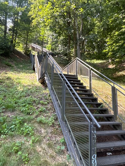 A metal staircase ascends a wooded hillside in Náchod, Czechia. The staircase is constructed of dark metal, with wide treads and railings made of expanded metal mesh. It appears to be designed for public access, with multiple flights of stairs and landings. The surrounding environment is lush and green, with dense foliage and trees creating a dappled sunlight effect on the stairs and ground. The ground is covered in grass, leaves, and dirt, with some areas of bare earth visible. The image is taken from a low angle, looking up the staircase. There are no people visible in the image. The overall impression is one of a natural, albeit managed, outdoor space.