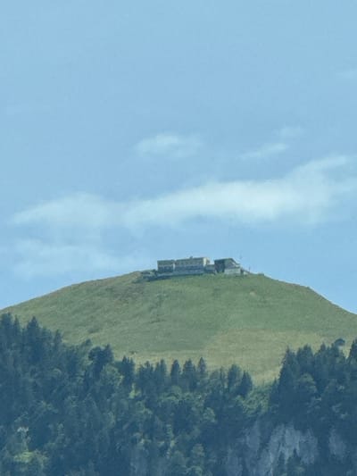 The image displays a panoramic view of a lush green mountain peak topped with a cluster of buildings. The peak is situated in Beckenried, Switzerland, and is surrounded by a dense forest of dark green pine trees at its base. The sky is a pale blue, with thin, wispy white clouds scattered across it. The buildings on the mountaintop appear to be a hotel or a complex of residences, with multiple structures connected by walkways. One building has a distinct flat roof and a series of windows. The overall impression is one of a serene mountain landscape with human habitation at its highest point.