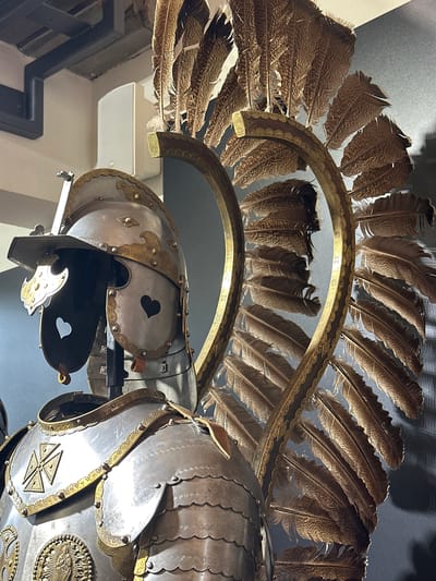 The image depicts a close-up view of a museum exhibit featuring a piece of historical armor, likely a Polish winged hussar costume, displayed indoors. The armor is predominantly made of polished metal, adorned with decorative gold accents and intricate patterns. Notable features include a helmet with a visor and heart-shaped cutouts, a chest plate with a cross emblem, and a large wing-like structure composed of numerous brown feathers. The background is dark and slightly out of focus, with hints of structural elements and lighting. This armor is on display at the Mir Castle Complex, located in the Mirsky settlement council (Мірскі сельскі Савет) in Belarus.