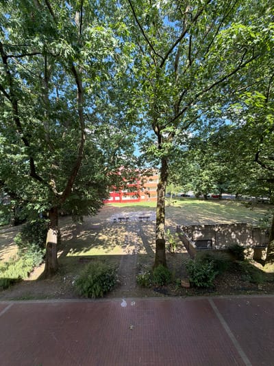 The image depicts a sun-dappled scene in Dorsten, Germany, likely during the daytime on a clear day. The foreground is dominated by the lush green canopy of mature trees, their branches reaching out and casting intricate shadows onto the ground below. Sunlight filters through the leaves, creating a mosaic of light and shade.
Beyond the trees, a grassy area is visible, appearing somewhat dry and patchy in places. A red building with multiple floors and windows stands prominently in the mid-ground, suggesting an urban or suburban residential area. In front of the building, there are a couple of park benches, hinting at a communal outdoor space.
To the right of the image, a paved walkway or patio made of reddish-brown bricks runs parallel to the grassy area. The brickwork shows a distinct pattern with a lighter-colored line running through it. The presence of trees, benches, and a residential building suggests a park, courtyard, or residential complex environment. There are no people visible in the frame, and the overall mood appears peaceful and serene, characterized by the play of sunlight and shadow. The scene is natural and undisturbed.