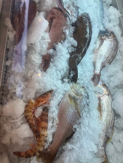 The image depicts a close-up, overhead view of a display of fresh seafood on crushed ice. Several fish of varying sizes and colors are visible, along with two large prawns. The fish are predominantly silver and reddish-brown. One dark-colored fish is positioned centrally. The prawns are elongated with distinct segmentation and prominent legs. The ice is broken into small, irregular pieces, creating a bed for the seafood. The lighting appears to be overhead, causing reflections on the scales of the fish and the surfaces of the ice. The background is out of focus and appears to be a metal counter or display case. The scene is likely from a fish market or a seafood section of a grocery store in Nea Kallikratia, Greece, given the context.