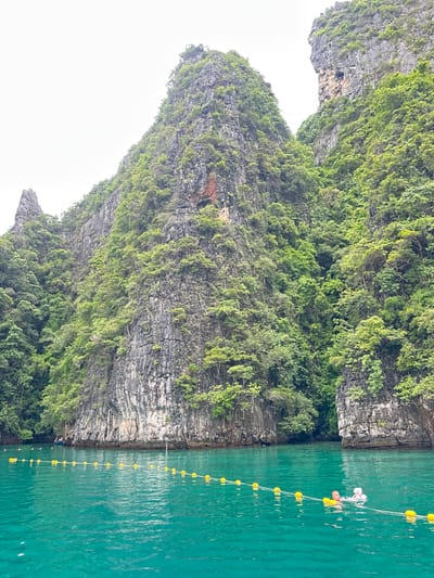 In Haad Yao, Thailand, a man is visible in the turquoise waters of a bay, floating on his back with his head resting on a pink inflatable. He is partially submerged and appears to be enjoying a leisurely swim. A rope with yellow buoys stretches across the water in front of him, marking a boundary or a swimming area. Towering limestone cliffs covered in lush green vegetation rise dramatically from the water's edge, forming a striking natural backdrop. The sky is overcast, casting a soft, diffused light over the scene.
