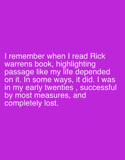 The image, located in the city of Babawa, Nigeria, presents a solid magenta background. White, sans-serif text is centrally displayed across this background. The text reads: "I remember when I read Rick warrens book, highlighting passage like my life depended on it. In some ways, it did. I was in my early twenties, successful by most measures, and completely lost." The visual content of the scene is limited to this textual graphic.