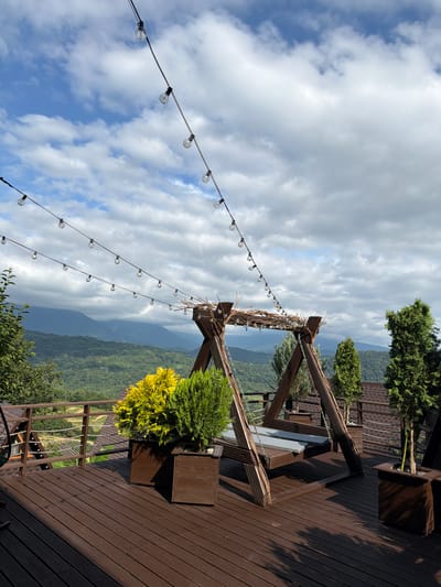 This is a medium shot of an outdoor seating area with a wooden swing set. The swing set is constructed of natural wood branches and has a bench suspended by chains. Two potted plants, one with yellow foliage and another with green coniferous branches, are positioned to the left of the swing set. A string of exposed light bulbs hangs overhead. The deck is made of dark brown wooden planks. In the background, lush green hills and mountains stretch out under a cloudy sky. The scene appears to be a terrace in Nizhnyaya Shilovka, Russia, likely a resort or cafe. There are no people visible in the image.