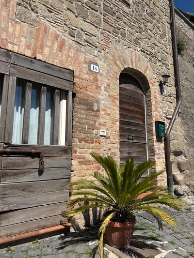 A low-angle, slightly tilted daytime shot shows the façade of a building in Castelnuovo di Porto, Italy. The building's exterior is constructed of rough-hewn stone and brick. The upper portion features a rounded wooden door framed by brick, above which is a green mailbox and a light fixture under a gutter. To the left of the door is a house number plaque displaying "17." Partially visible to the right of the door is a potted palm tree. Below the door, another set of wooden window shutters is closed and secured with a rusty latch. A house number plaque displaying "18" is above the shutters. The sidewalk is made of stone and features small patches of grass.
