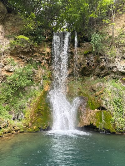 The image is a photograph of a waterfall in the Despotovac Municipality, Serbia. The waterfall cascades down a rocky cliff covered in moss and vegetation into a body of water. Trees are visible on the left side of the frame. The water is clear and the surrounding environment appears lush.
