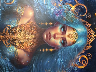 The image displays a digitally rendered or painted stylized female figure. The figure is oriented diagonally, with her head towards the upper right of the frame and her body extending towards the lower left. She possesses long, flowing, aqua-blue hair, vibrant blue eyes, and pale skin with shimmering light blue and gold specks on her cheeks and forehead. An intricate golden filigree design is prominently centered on her forehead. Her lips are a soft pink. Her upper torso and shoulders are covered by elaborate, metallic gold, baroque-style patterns, resembling ornate body art or a form-fitting garment. Small, colorful floral or crystalline embellishments are visible within her hair near her head. The background is a dark, deep blue or navy, sparsely populated with numerous small, glowing dots, star-like specks, and larger, ornate golden scrollwork and abstract designs, contributing to an ethereal and fantastical aesthetic. This image is an artistic rendering and does not depict a physical scene in Profesor Ishirkovo, Bulgaria, or any real-world location.