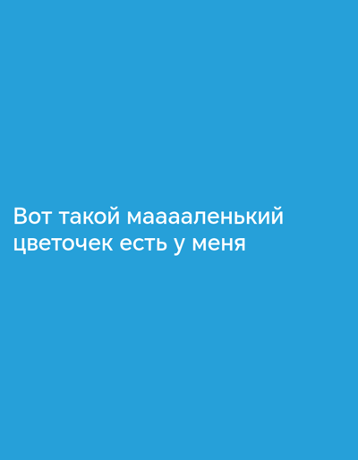 The image displays white text on a solid blue background. The text reads: "Вот такой мааааленький цветочек есть у меня". This translates from Russian to English as "Here's a tiiiny little flower I have". There are no people, objects, or a discernible scene or setting. The image's purpose appears to be purely textual, conveying a simple message. The bright blue background and white text create a clear, high-contrast presentation for the message. No environmental details like time of day or weather are suggested by the image.