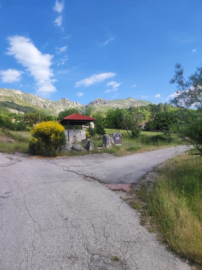 In the Egnatia Municipal Unit, Greece, a paved road splits into two paths amidst a rural landscape. To the left of the road, a small, red-roofed pavilion with stone pillars stands beside a large bush covered in yellow flowers. Behind the pavilion, a stone structure resembling a fountain is visible. In the background, rolling green hills rise towards imposing mountains under a bright blue sky with scattered white clouds. A house is nestled among trees to the right of the pavilion. A sign with an illustration is planted near a large rock on the right side of the road. The road itself is cracked and weathered, with patches of grass growing through. The surrounding environment is overgrown with lush greenery and tall grasses.