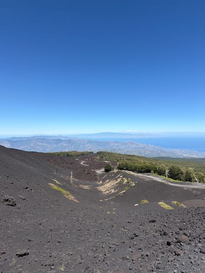The image depicts a barren, volcanic landscape with dark, ashy soil dominating the foreground. A winding dirt road is visible in the midground, leading through sparse vegetation and a cluster of trees. Beyond the trees, a vast expanse of mountains stretches towards the horizon, with a distant body of water and coastline visible. The sky is a clear, bright blue. The scene is located on Mount Etna, near Linguaglossa, Italy, a region known for its active volcano. There are no people or animals present in the image.