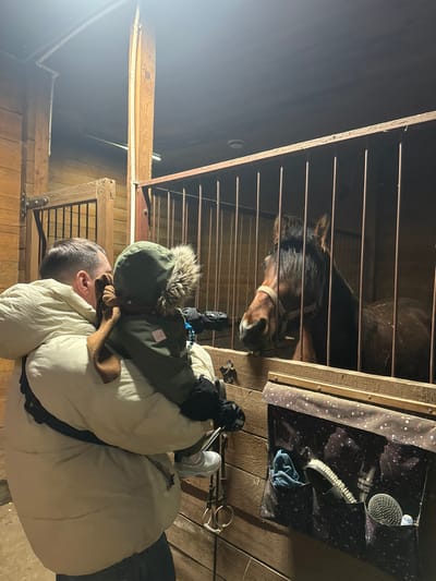The scene depicts an interior view of a stable in Kalinovo, Russia. A person, identified as an adult male, is observed from the back, wearing a light-colored puffy winter jacket and dark trousers. He is holding a small child, also viewed from the back, dressed in a dark green hooded winter jacket with fur trim, black gloves, and light-colored footwear; a brown scarf or similar garment is visible around the child's neck. Both individuals are positioned facing a horse stall constructed of wooden planks and vertical metal bars. Inside the stall, a brown horse with a dark mane and forelock, wearing a light-colored halter, stands facing the adult and child. The horse's head is visible through the upper section of the stall bars, appearing to interact or observe. To the left, another wooden stall door is partially visible. To the right of the horse stall, a multi-pocket fabric organizer, patterned with white dots, hangs on the wooden wall, containing various grooming tools such as brushes and cloths. Below this organizer, horse tack components, possibly bits or stirrups, are suspended from the wall. Overhead, artificial lighting illuminates the wooden ceiling and structures.