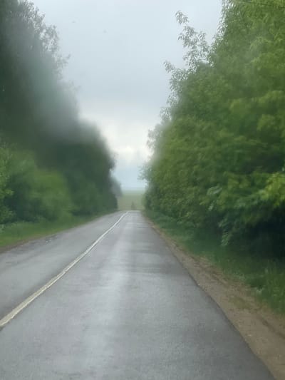 The image shows a view down a straight, wet road, with trees lining both sides. A white dividing line runs down the center of the road. The background is hazy, obscuring details. The location is Петрово, Russia. No people are visible.